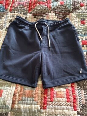 Nautica Navy Blue Fleece Drawstring Athletic Shorts with White Drawcord